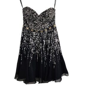 Sherri Hill Dress‎ 2 Black Silk Mini Strapless Silver Sequins Beadings Party